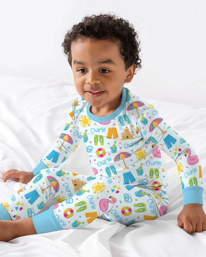 Summer is Fun Custom Name Bamboo Two Piece Long Sleeve Pajama Set
