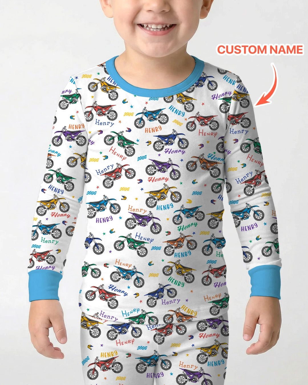 Dirt Track Dreamer Custom Name Daddy & Me Matching Bamboo Two Piece Long Sleeve Pajama Set