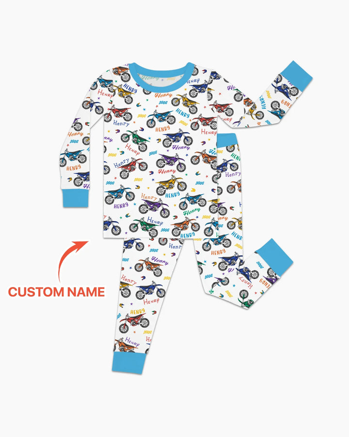 Dirt Track Dreamer Custom Name Daddy & Me Matching Bamboo Two Piece Long Sleeve Pajama Set