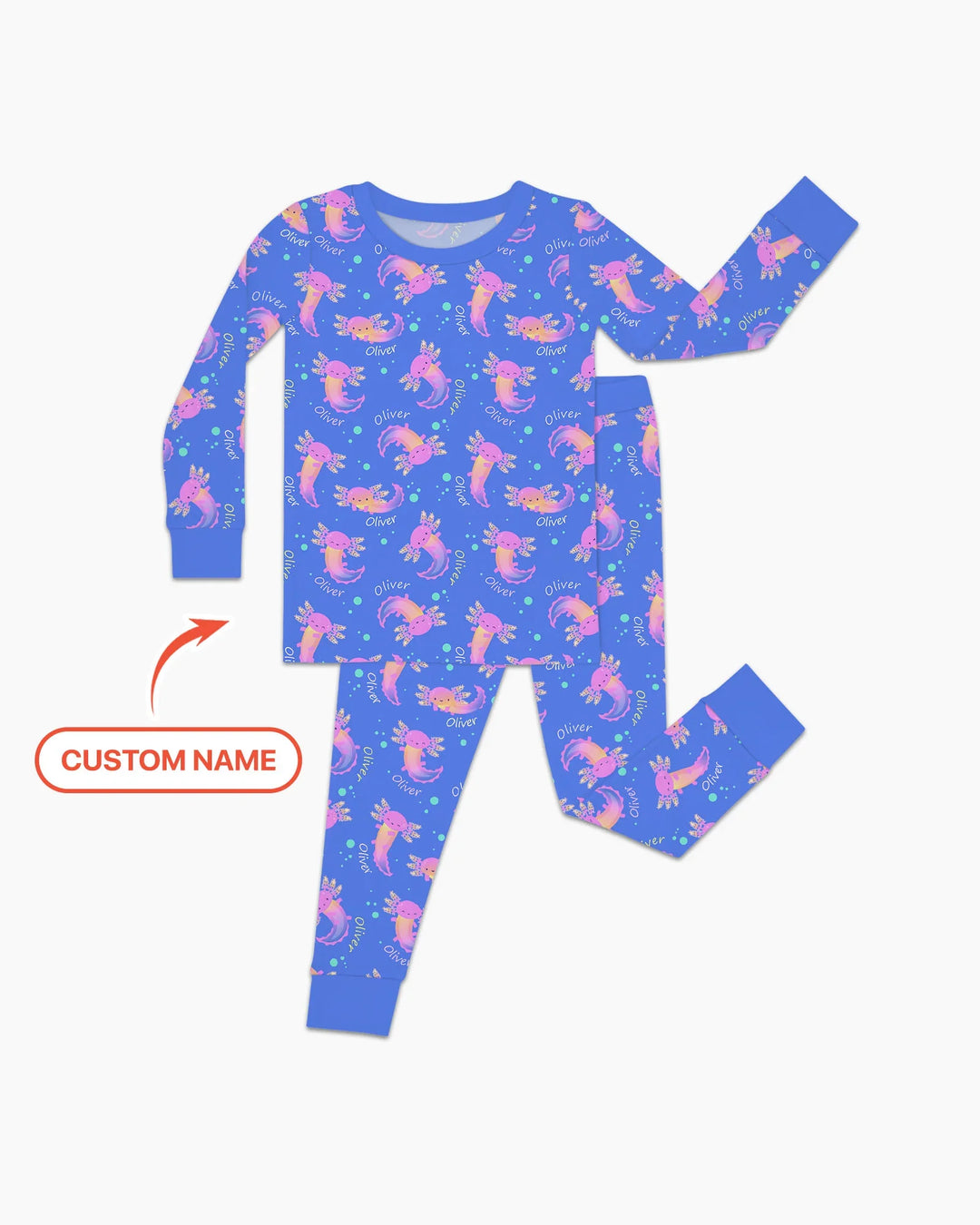 Pijama de dos piezas de manga larga de bambú con nombre personalizado y diseño de ajolote que brilla en la oscuridad