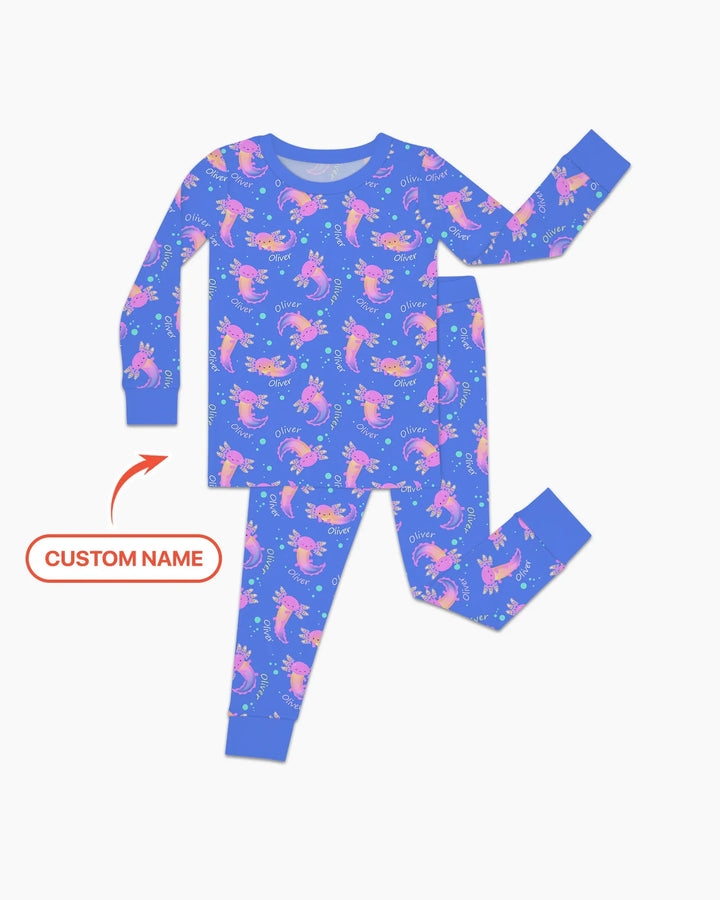 Pijama de dos piezas de manga larga de bambú con nombre personalizado y diseño de ajolote que brilla en la oscuridad
