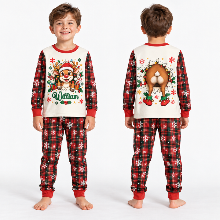 Cute Reindeer in Santa Hat Bamboo Two Piece Long Sleeve Pajama Set