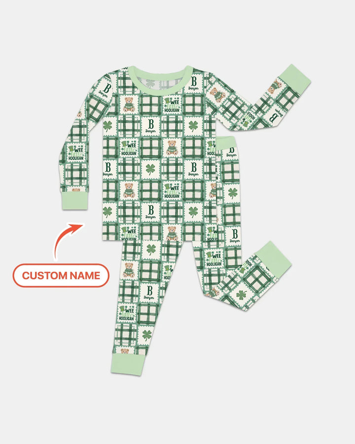 Custom Name Teddy Bear Gingham St. Patrick's Day Two Piece Long Sleeve Pajama Set