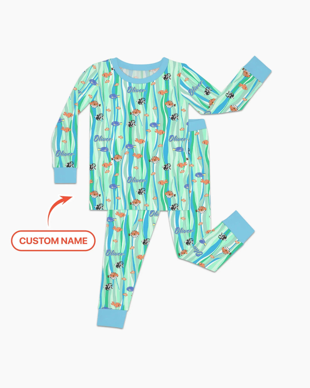 Custom Name Summer Beach Bamboo Two Piece Long Sleeve Pajama Set