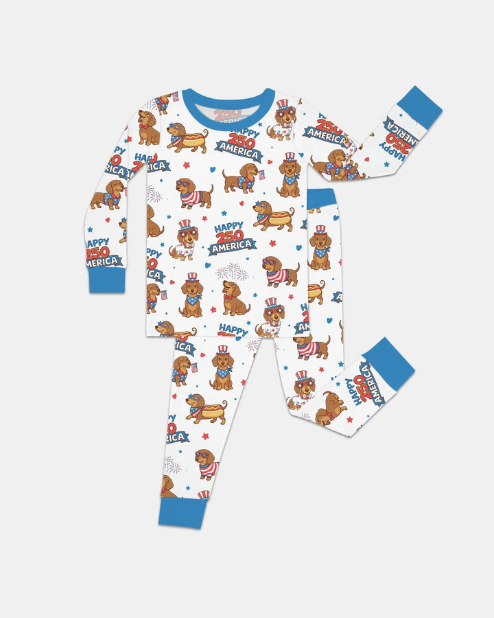 Red, White & Wiener Bamboo Two Piece Long Sleeve Pajama Set