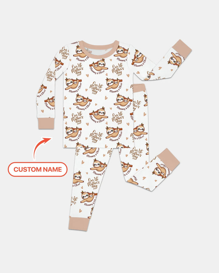 Custom Name Mama & Baby Sloth – Our First Mother’s Day 2026 Bamboo Two Piece Long Sleeve Pajama Set