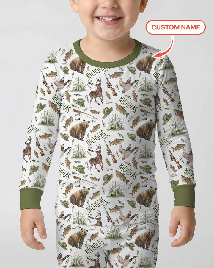 Custom Name Little Hunter Bamboo Two Piece Long Sleeve Pajama Set