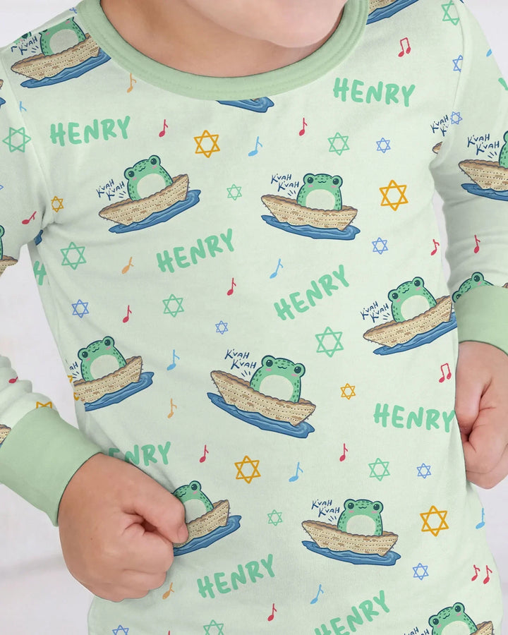 Frogs Here, Frogs There Passover Custom Name Two Piece Long Sleeve Pajama Set