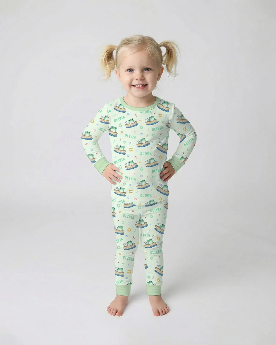 Frogs Here, Frogs There Passover Custom Name Two Piece Long Sleeve Pajama Set