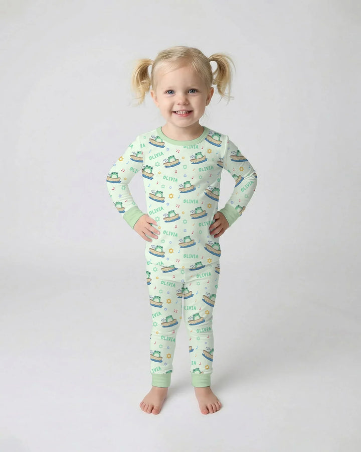 Frogs Here, Frogs There Passover Custom Name Two Piece Long Sleeve Pajama Set