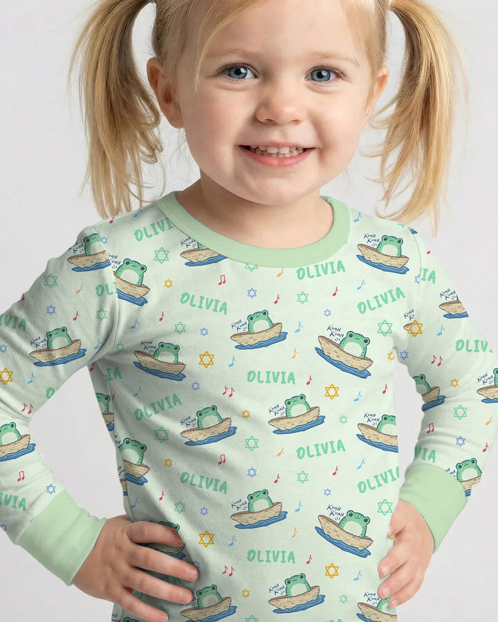 Frogs Here, Frogs There Passover Custom Name Two Piece Long Sleeve Pajama Set