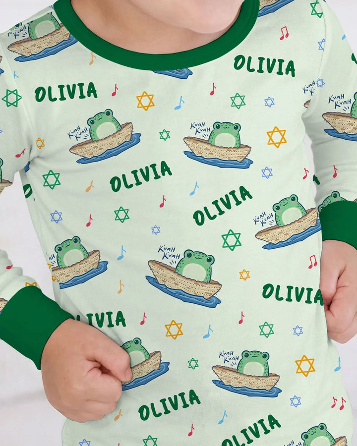 Frogs Here, Frogs There Passover Custom Name Two Piece Long Sleeve Pajama Set