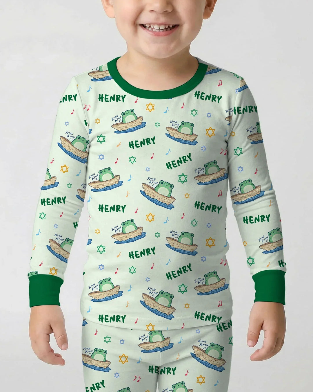 Frogs Here, Frogs There Passover Custom Name Two Piece Long Sleeve Pajama Set