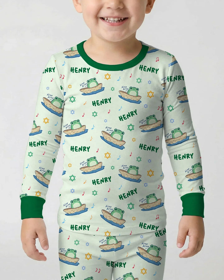 Frogs Here, Frogs There Passover Custom Name Two Piece Long Sleeve Pajama Set