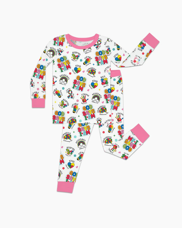 God Says I Am Autism Awareness Bamboo Two Piece Long Sleeve Pajama Set