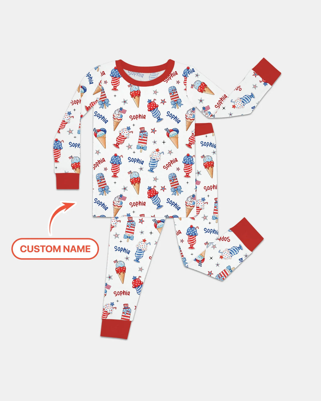 Custom Name Red, White & Ice Cream Bamboo Two Piece Long Sleeve Pajama Set