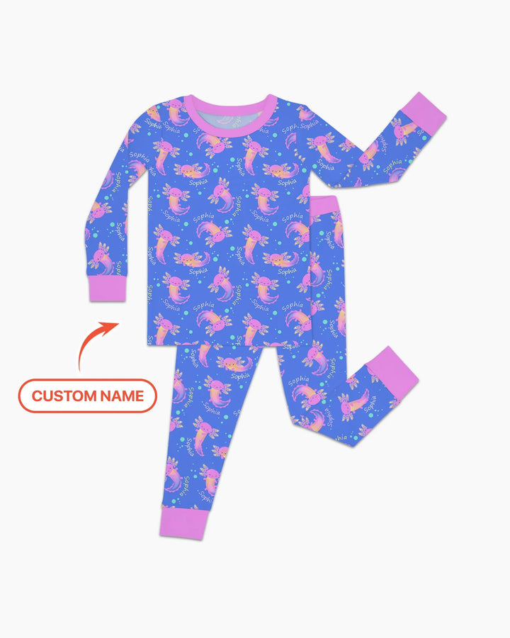 Pijama de dos piezas de manga larga de bambú con nombre personalizado y diseño de ajolote que brilla en la oscuridad