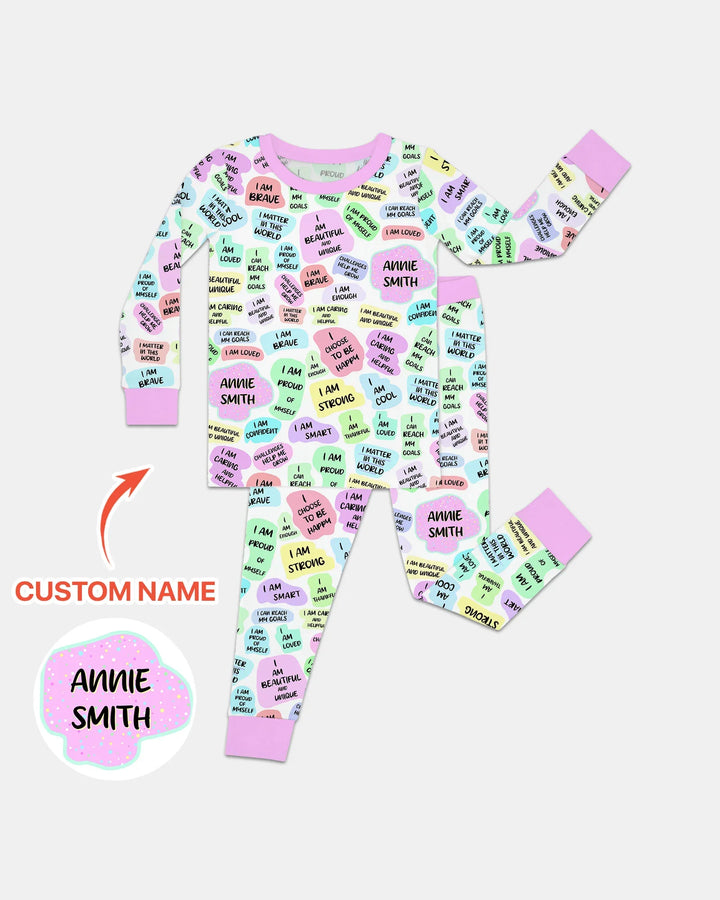 Pijama de dos piezas de bambú de manga larga para mamá y bebé con afirmación diaria