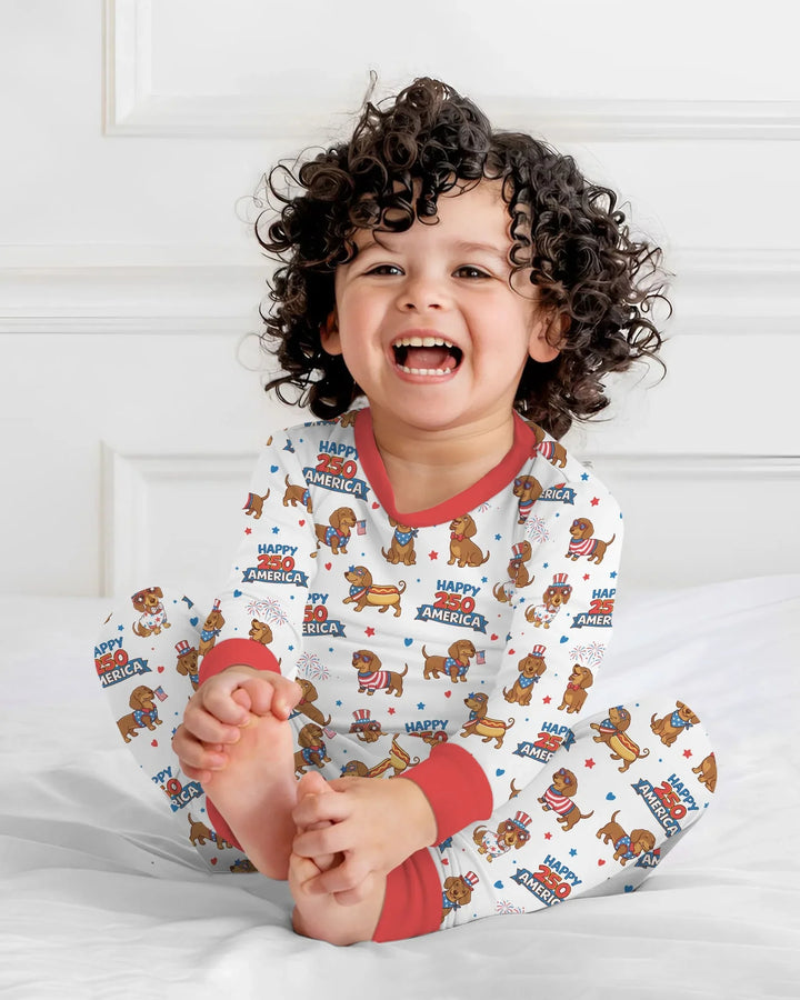 Red, White & Wiener Bamboo Two Piece Long Sleeve Pajama Set