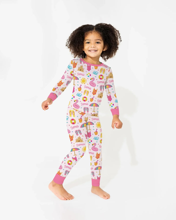 Summer is Fun Custom Name Bamboo Two Piece Long Sleeve Pajama Set