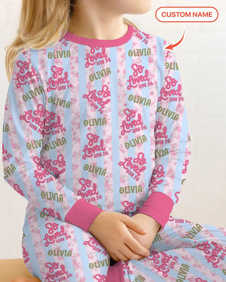 So Loved Custom Name Bamboo Two Piece Long Sleeve Pajama Set
