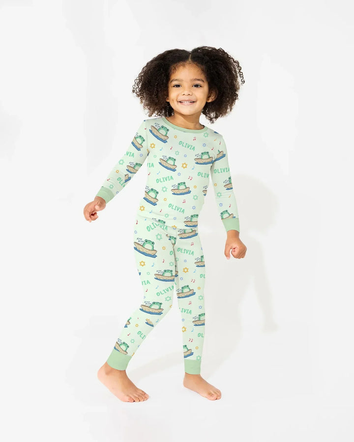 Frogs Here, Frogs There Passover Custom Name Two Piece Long Sleeve Pajama Set