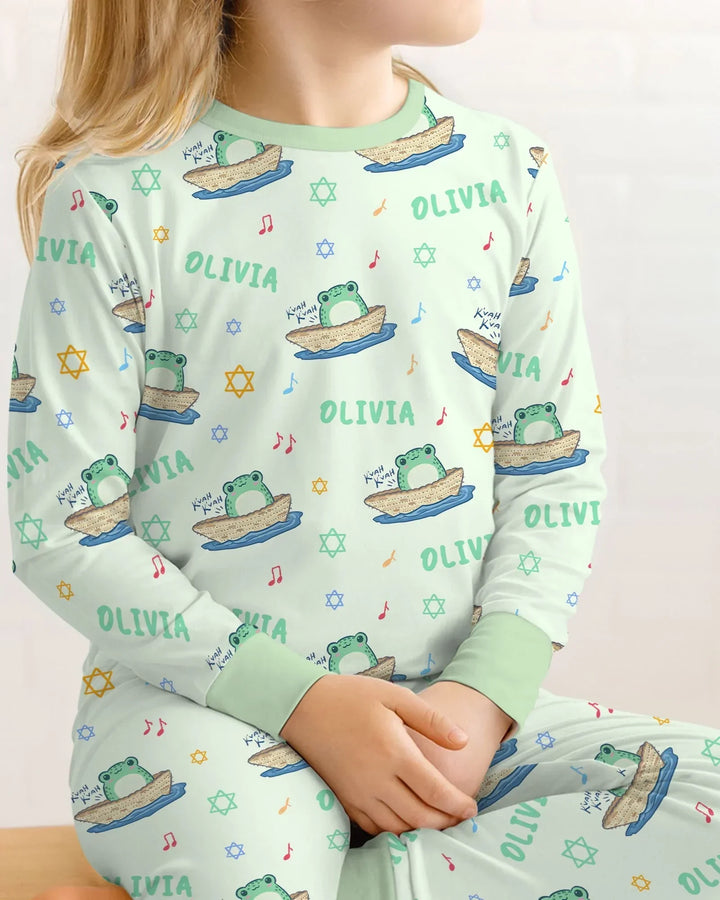 Frogs Here, Frogs There Passover Custom Name Two Piece Long Sleeve Pajama Set