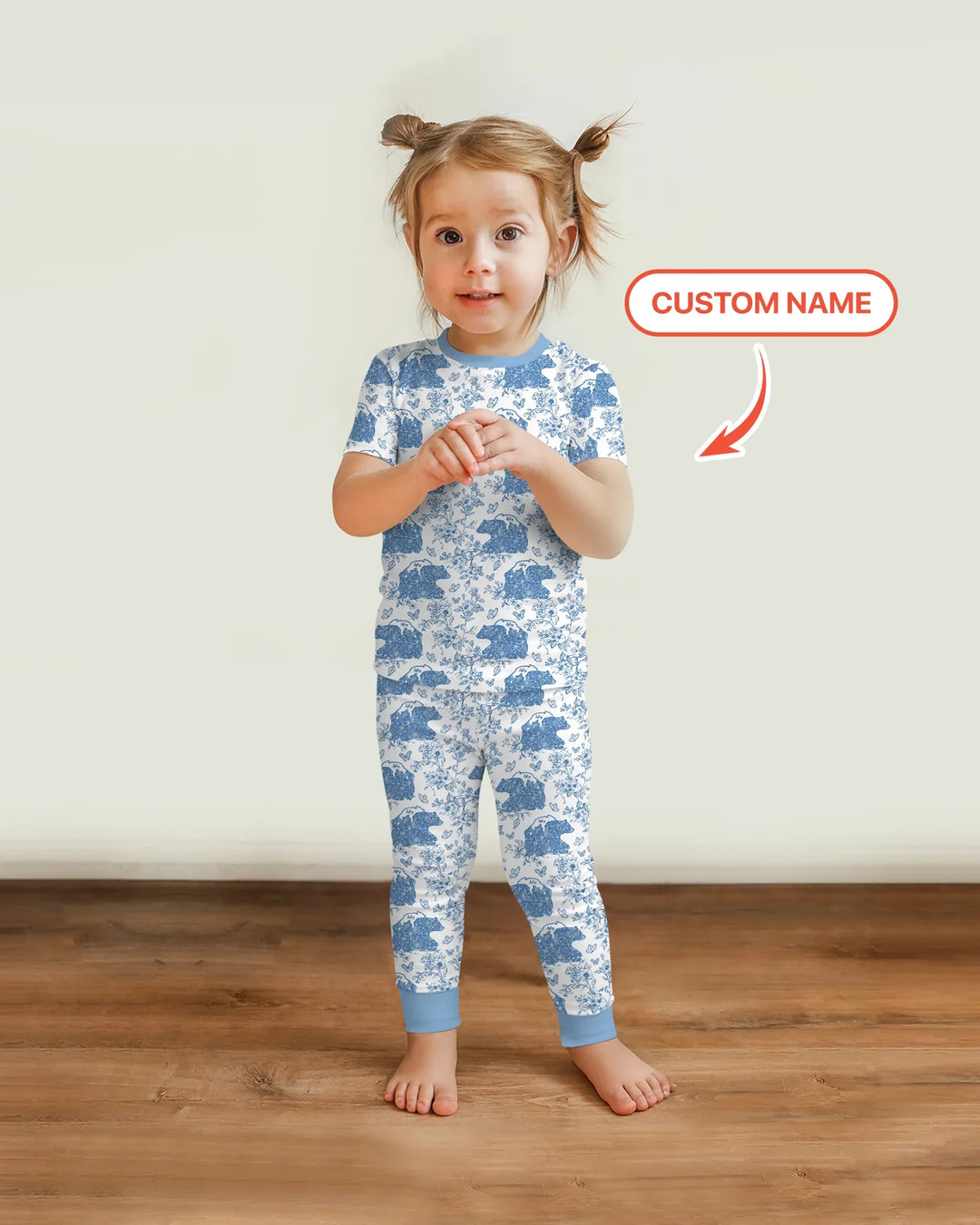 Custom Name Mama Bear Toile Bamboo Two Piece Short Sleeve Pajama Set