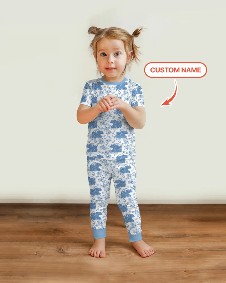 Custom Name Mama Bear Toile Bamboo Two Piece Short Sleeve Pajama Set