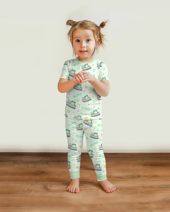 Frogs Here, Frogs There Passover Custom Name Two Piece Short Sleeve Pajama Set