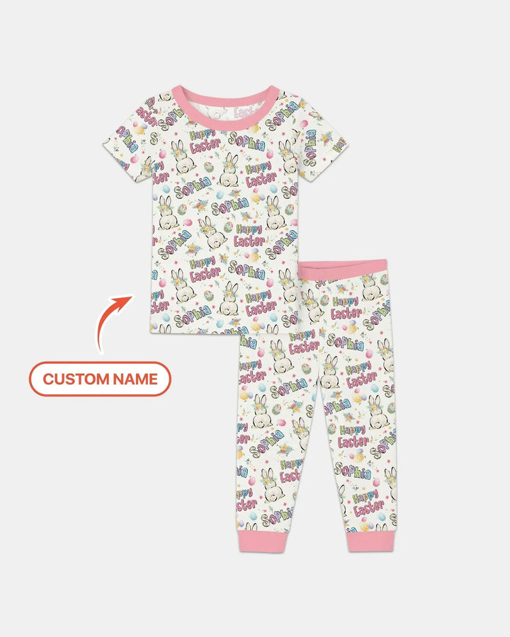 Personalized Happy Easter Bunny Two Piece Short Sleeve Pajama Set