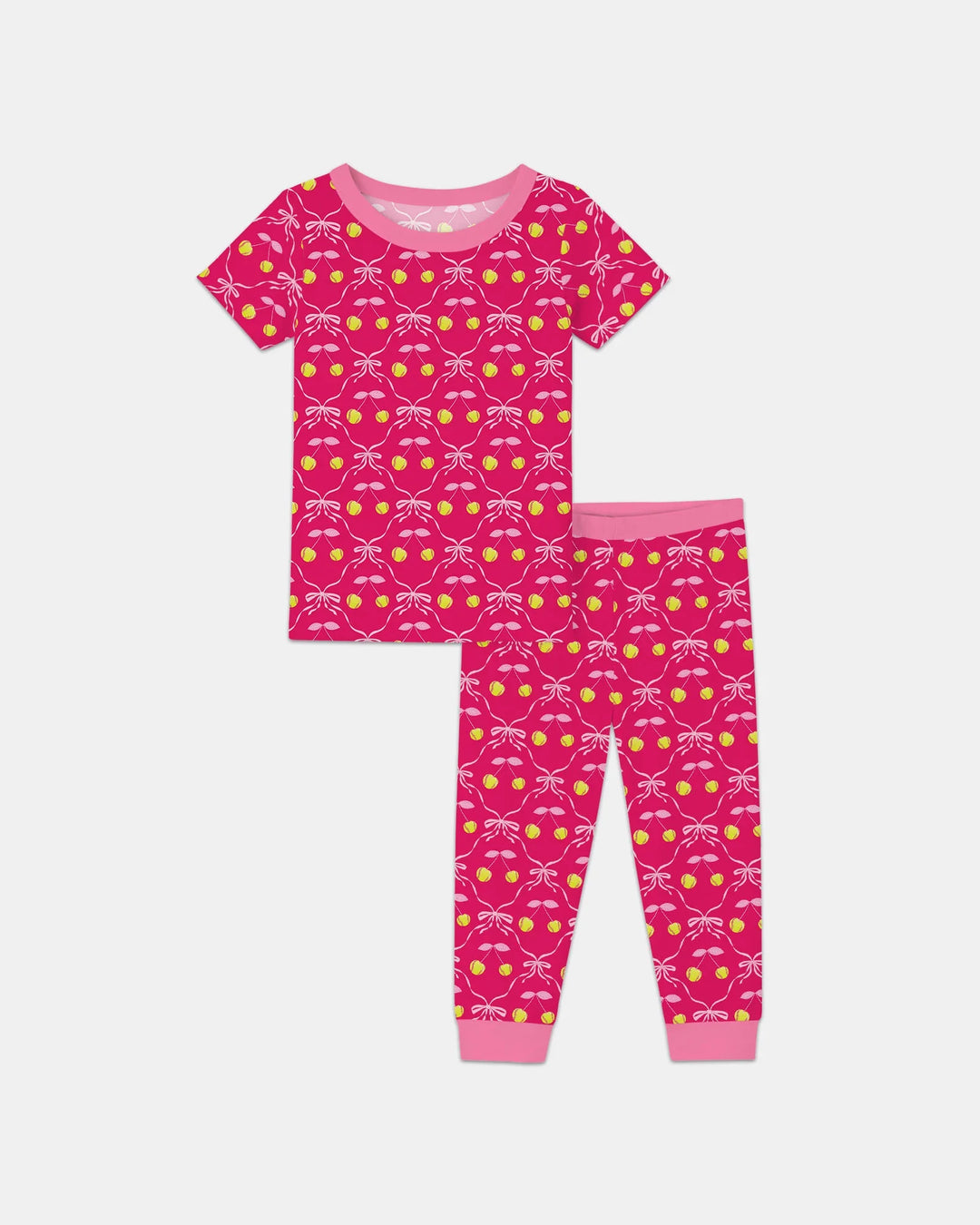Cherry Baseball Softball Mom and Girl Matching Bamboo Two Piece Short Sleeve Pajama Set