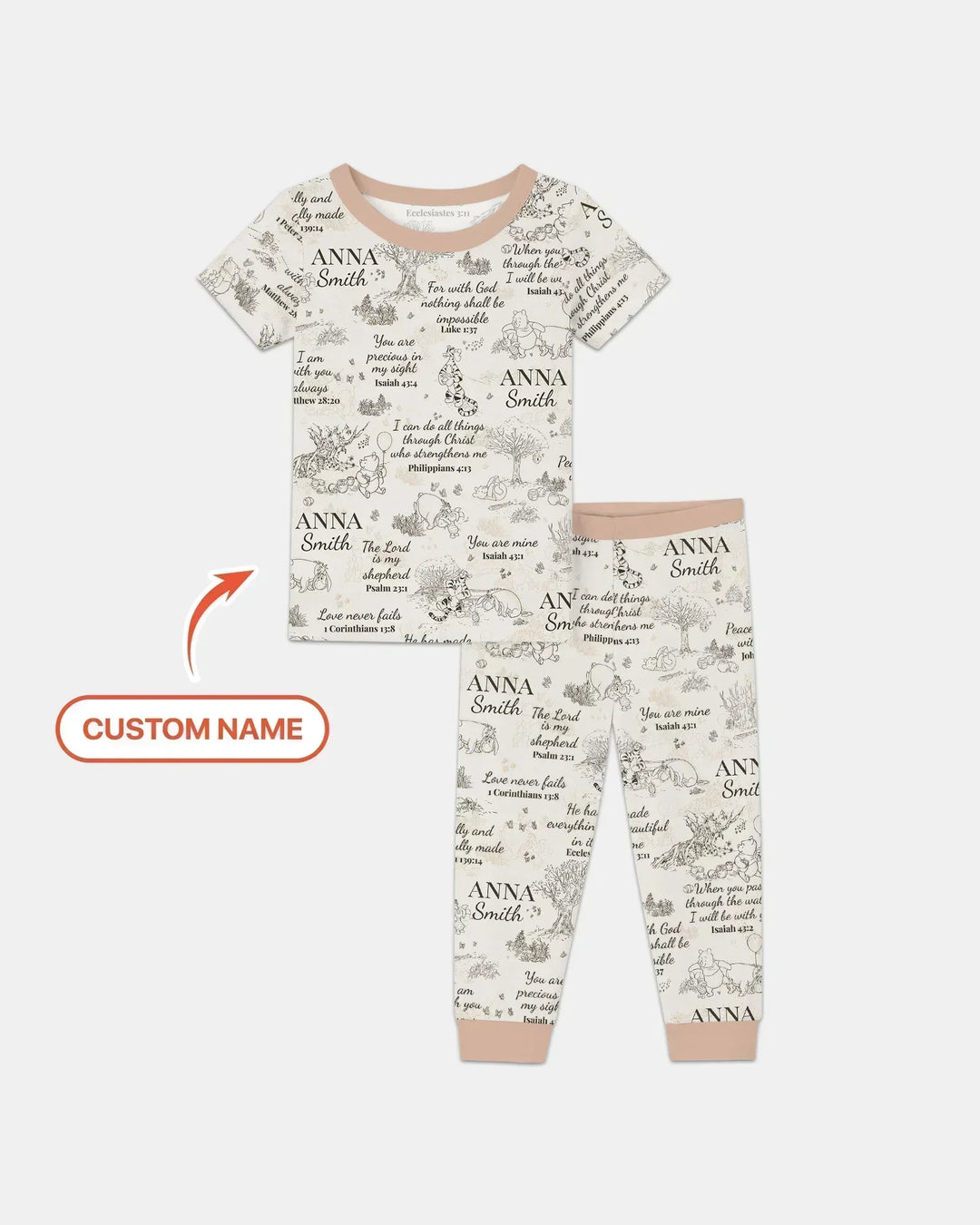 Pijama de manga corta de dos piezas de bambú con nombre personalizado y versículo bíblico clásico del oso