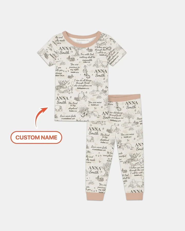 Pijama de manga corta de dos piezas de bambú con nombre personalizado y versículo bíblico clásico del oso