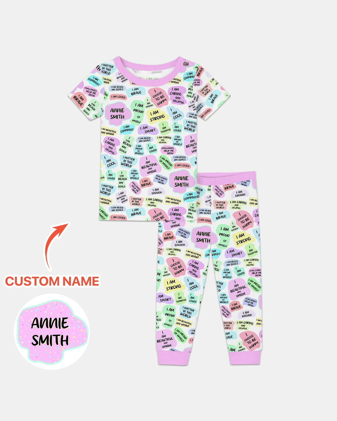 Conjunto de Pijama de Dos Piezas de Bambú de Manga Corta con Afirmaciones Diarias para Mamá y Bebé