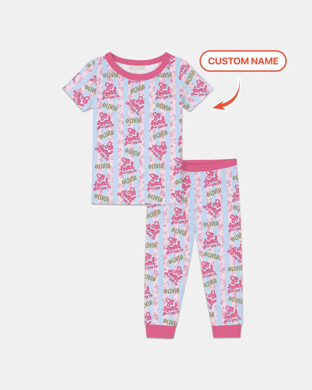 So Loved Custom Name  Bamboo Two Piece Short Sleeve Pajama Set