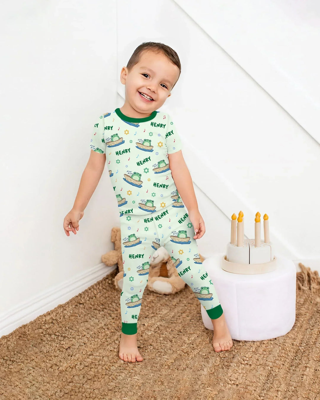 Frogs Here, Frogs There Passover Custom Name Two Piece Short Sleeve Pajama Set