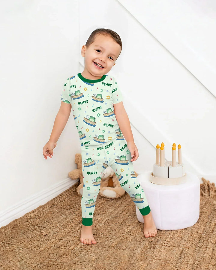 Frogs Here, Frogs There Passover Custom Name Two Piece Short Sleeve Pajama Set