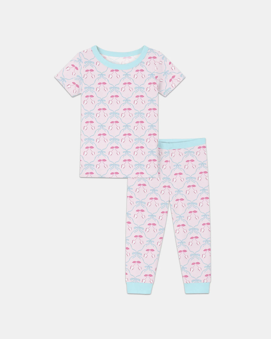 Cherry Baseball Softball Mom and Girl Matching Bamboo Two Piece Short Sleeve Pajama Set