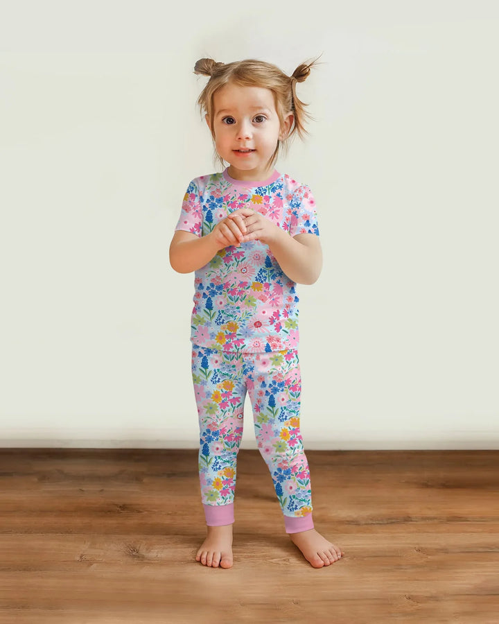 Little Flower Garden Matching Bamboo Two Piece Short Sleeve Pajama Set