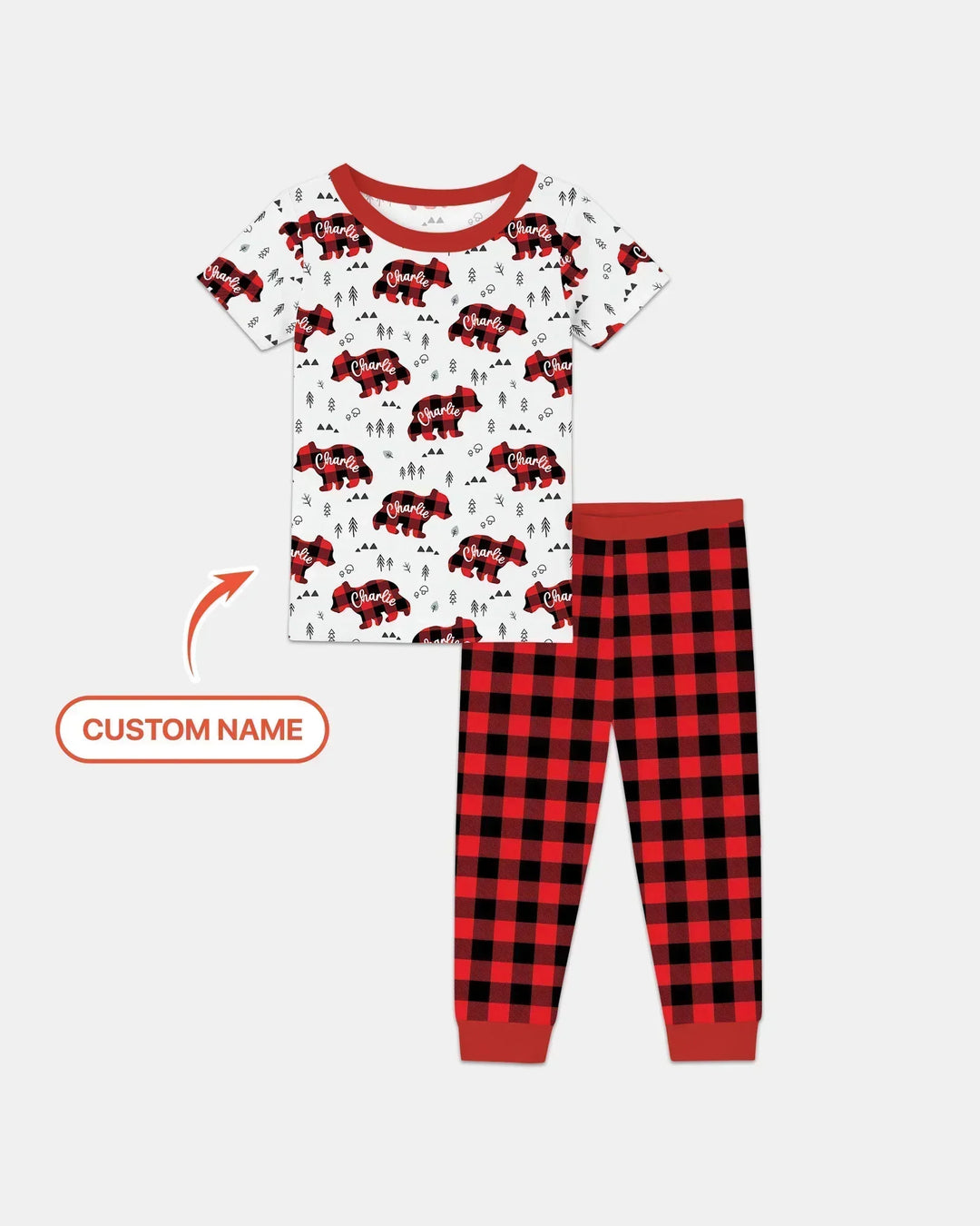 Pijama de dos piezas de bambú de manga corta a juego con osos de familia con nombre personalizado