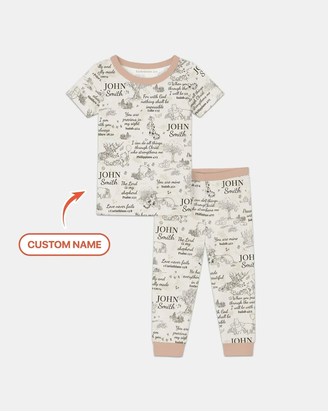 Pijama de manga corta de dos piezas de bambú con nombre personalizado y versículo bíblico clásico del oso