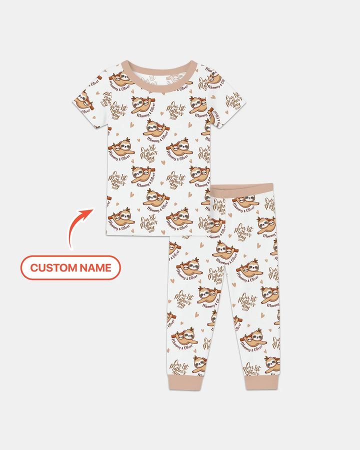 Custom Name Mama & Baby Sloth – Our First Mother’s Day 2026 Bamboo Two Piece Short Sleeve Pajama Set