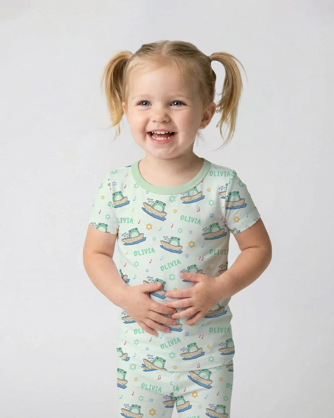 Frogs Here, Frogs There Passover Custom Name Two Piece Short Sleeve Pajama Set