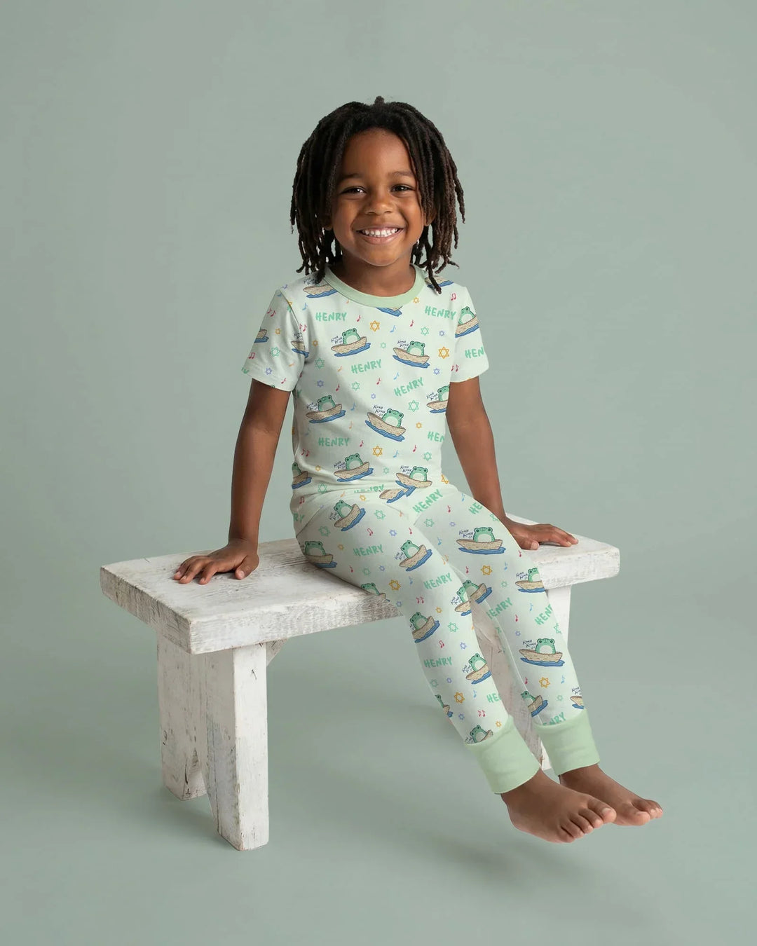 Frogs Here, Frogs There Passover Custom Name Two Piece Short Sleeve Pajama Set
