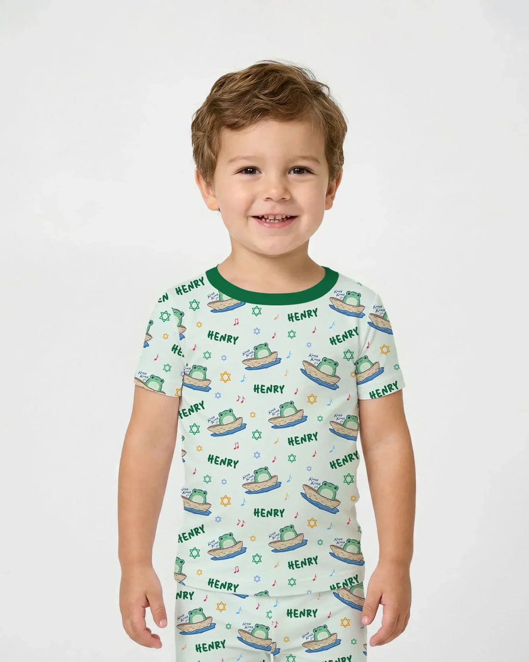 Frogs Here, Frogs There Passover Custom Name Two Piece Short Sleeve Pajama Set