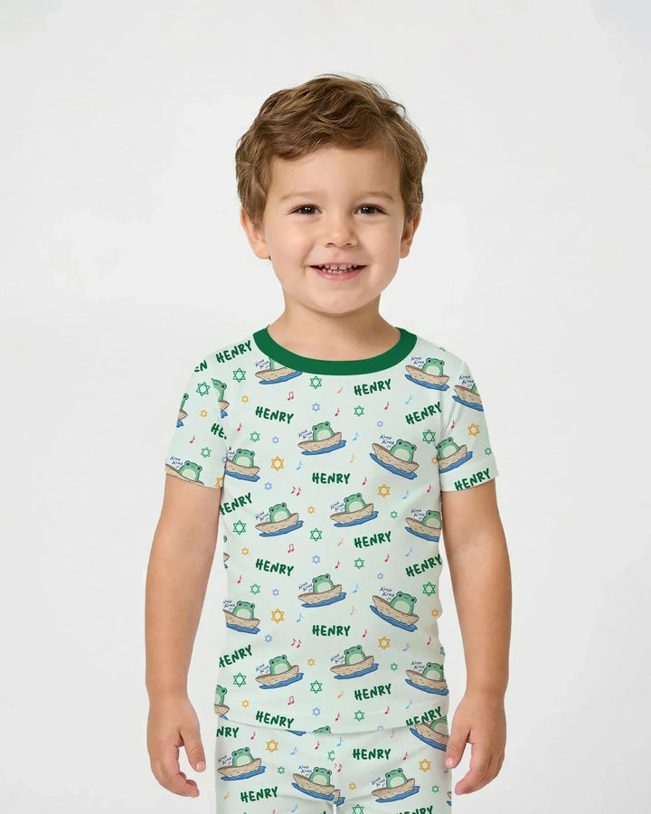 Frogs Here, Frogs There Passover Custom Name Two Piece Short Sleeve Pajama Set
