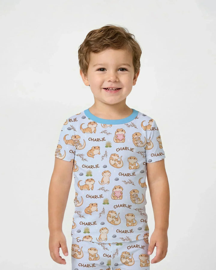 Conjunto de pijama de dos piezas de bambú con nombre personalizado Clueless Beardie de manga corta