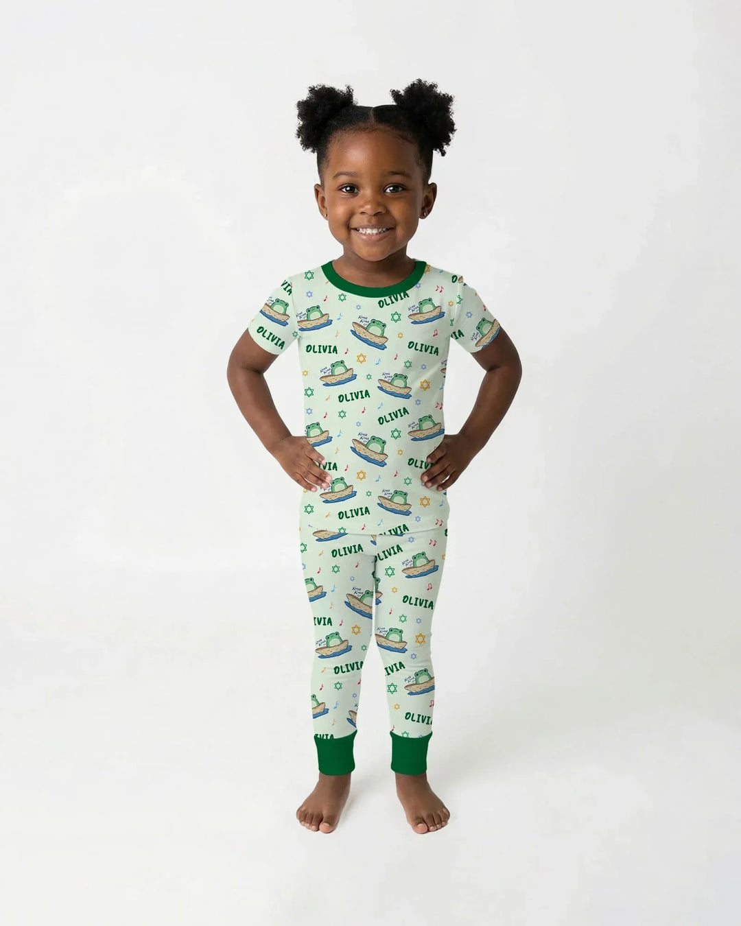 Frogs Here, Frogs There Passover Custom Name Two Piece Short Sleeve Pajama Set