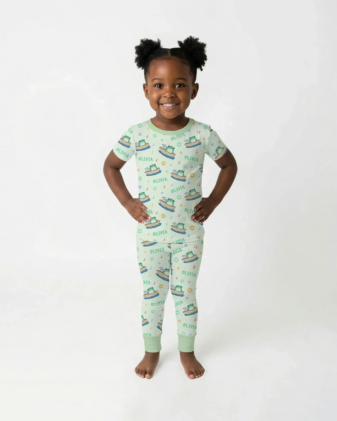 Frogs Here, Frogs There Passover Custom Name Two Piece Short Sleeve Pajama Set